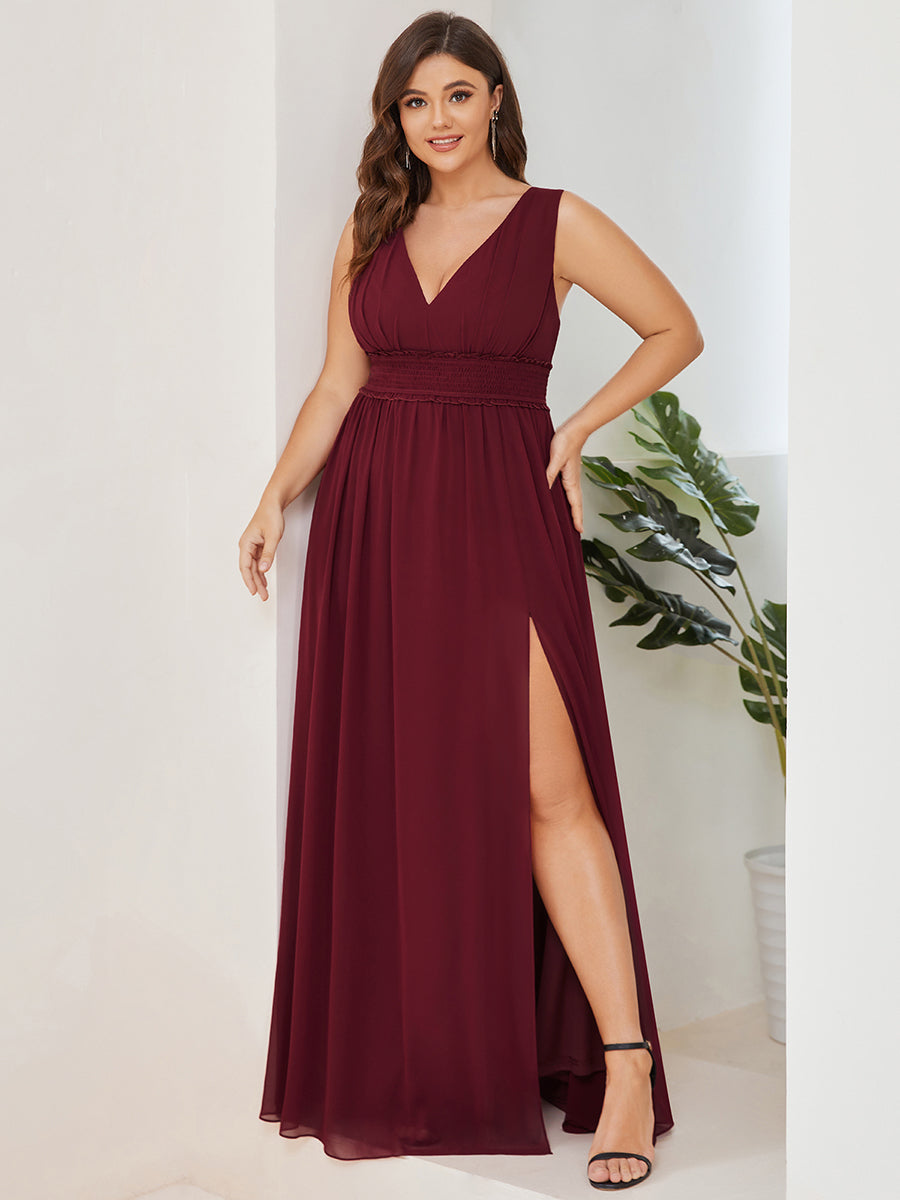 Color=Burgundy | Sleeveless Deep V Neck Thigh High Split Wholesale Bridesmaid Dresses-Burgundy 4