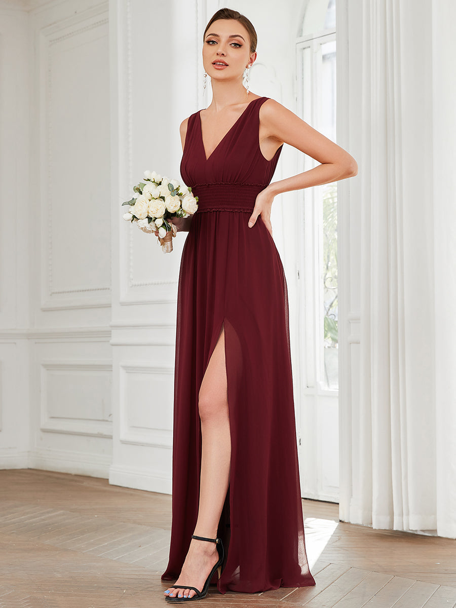 Color=Burgundy | Sleeveless Deep V Neck Thigh High Split Wholesale Bridesmaid Dresses-Burgundy 4