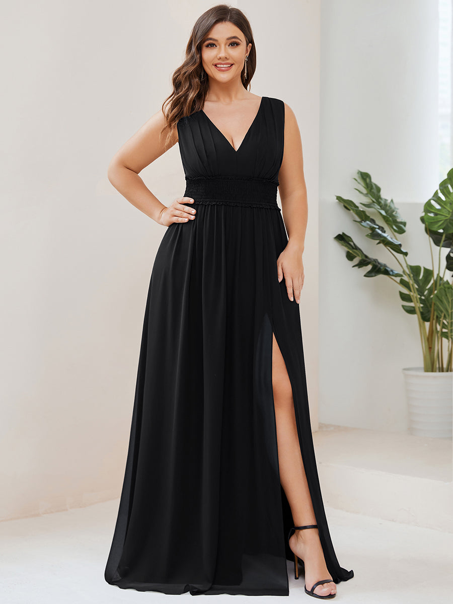 Color=Black | Sleeveless Deep V Neck Thigh High Split Wholesale Bridesmaid Dresses-Black 1