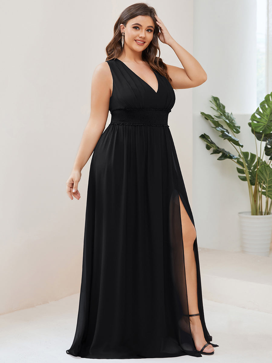 Color=Black | Sleeveless Deep V Neck Thigh High Split Wholesale Bridesmaid Dresses-Black 3