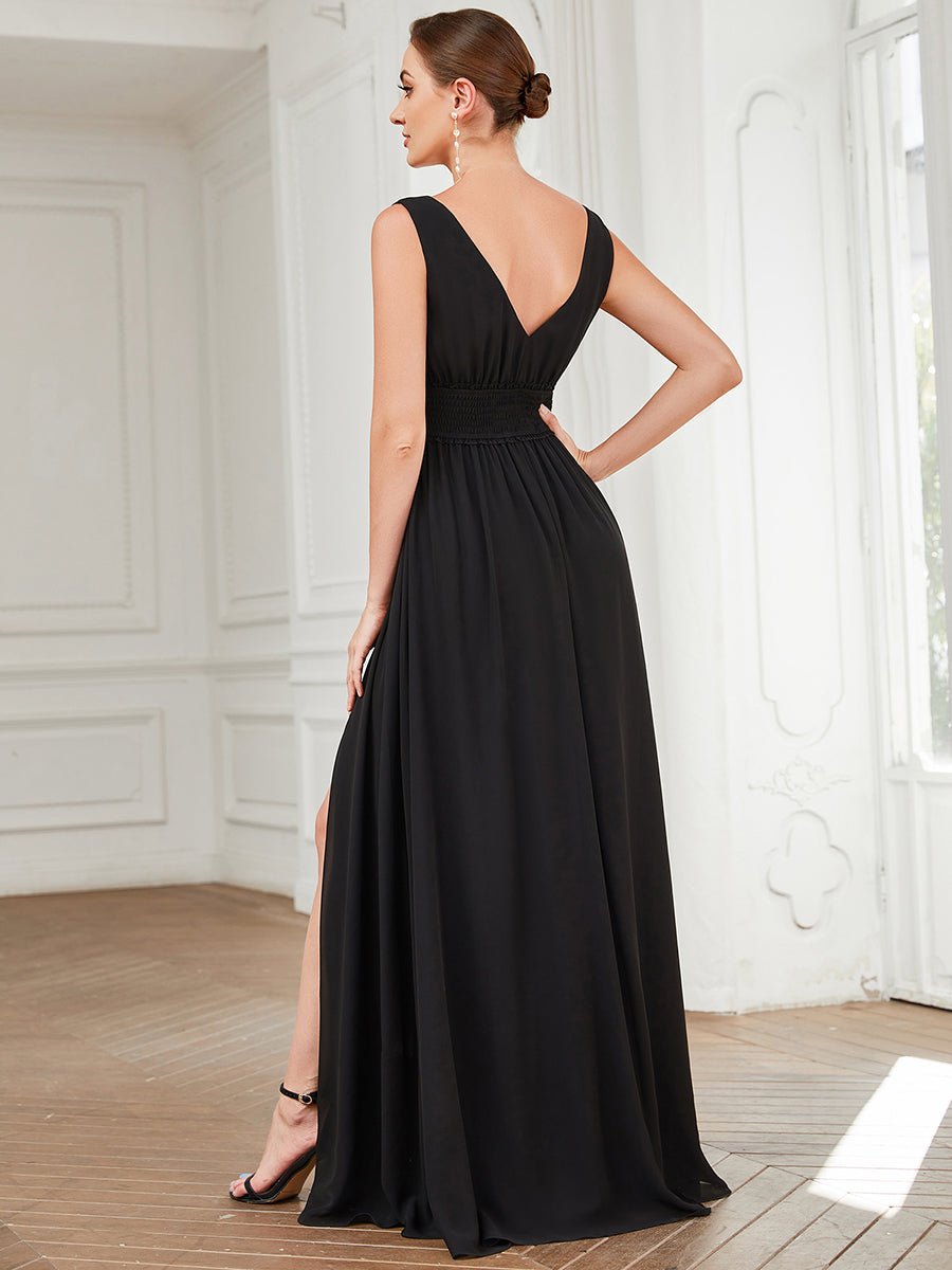Color=Black | Sleeveless Deep V Neck Thigh High Split Wholesale Bridesmaid Dresses-Black 2