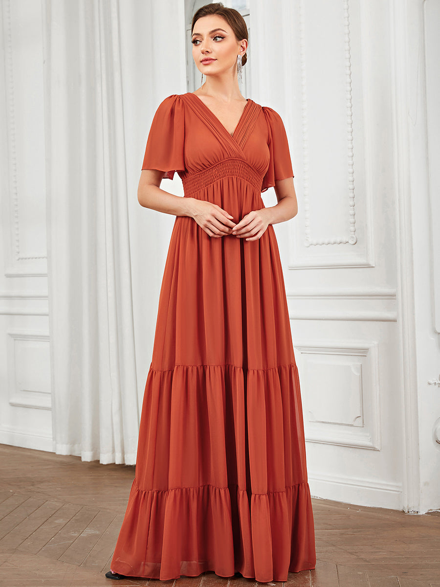 Color=Burnt Orange | Simple V Neck A Line Short Sleeves Wholesale Bridesmaid Dresses-Burnt Orange 4