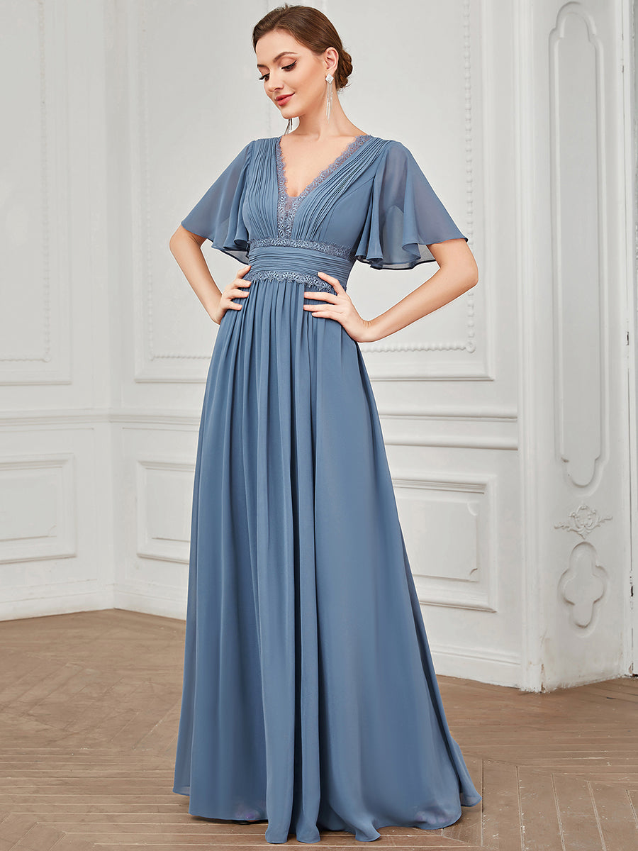 Color=Dusty Blue | Short Ruffles Sleeves Deep V Neck A Line Wholesale Bridesmaid Dresses-Dusty Blue 1
