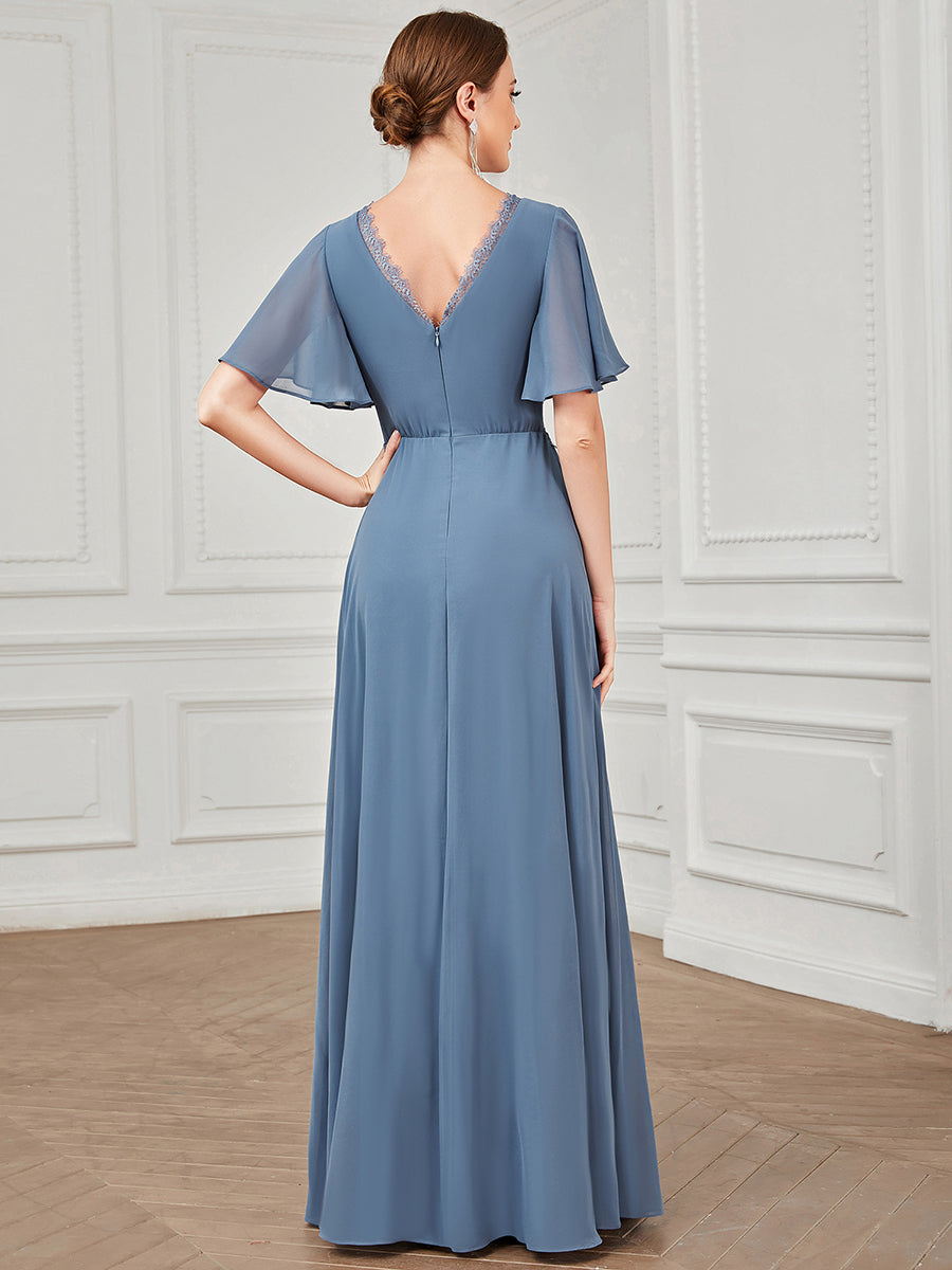 Color=Dusty Blue | Short Ruffles Sleeves Deep V Neck A Line Wholesale Bridesmaid Dresses-Dusty Blue 2