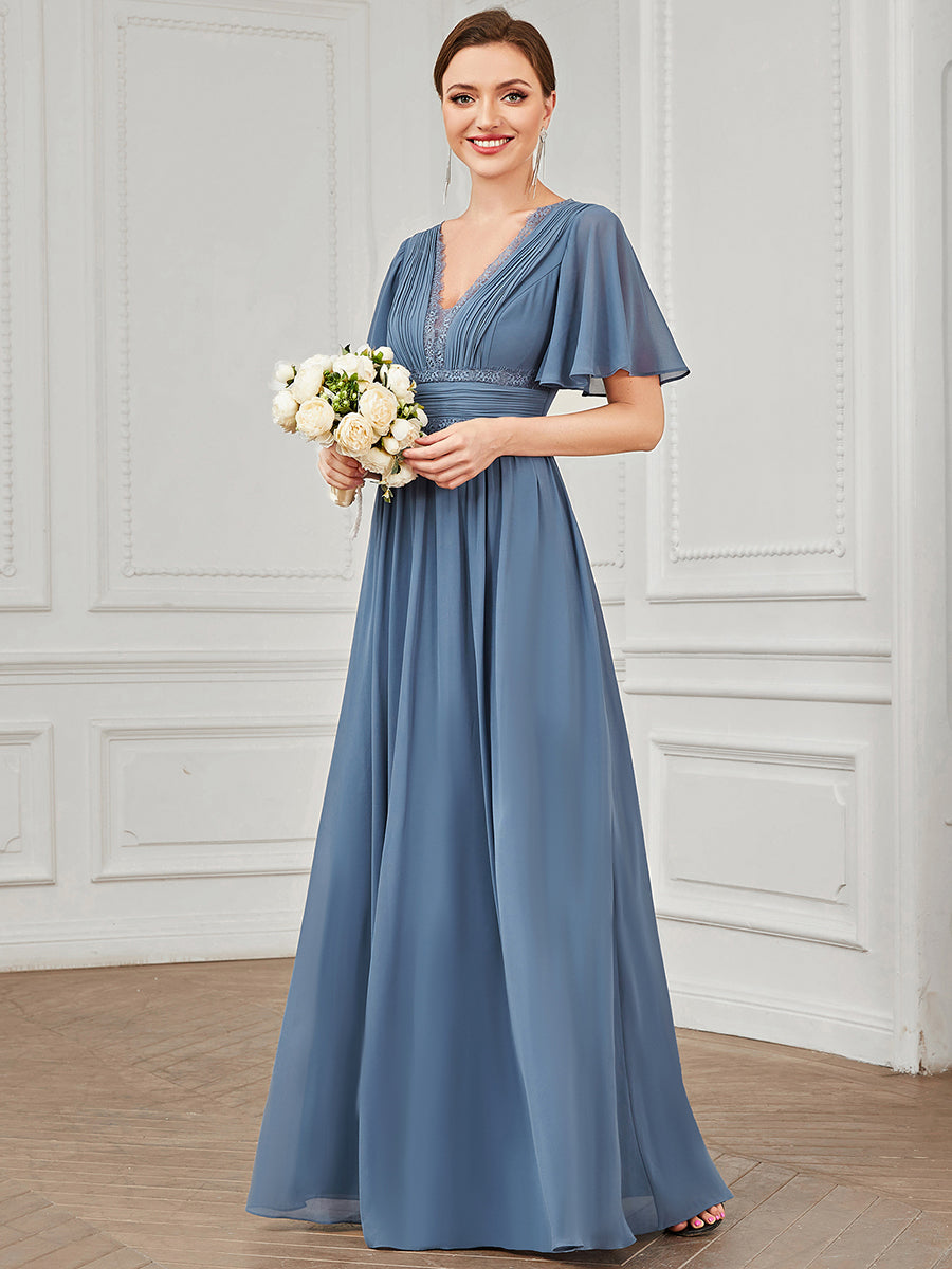 Color=Dusty Blue | Short Ruffles Sleeves Deep V Neck A Line Wholesale Bridesmaid Dresses-Dusty Blue 3