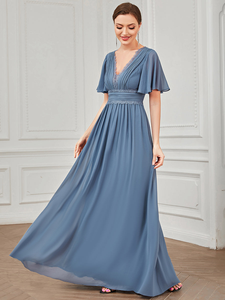 Color=Dusty Blue | Short Ruffles Sleeves Deep V Neck A Line Wholesale Bridesmaid Dresses-Dusty Blue 4