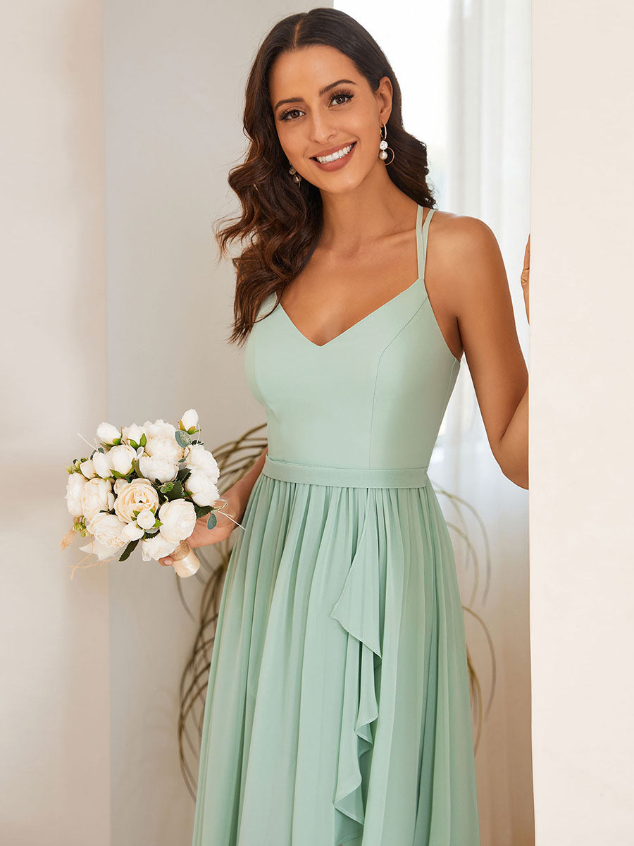 Color=Mint Green | Spaghetti Straps Slit A-Line Wholesale Chiffon Bridesmaid Dress With Ruffle Detail-Mint Green 5