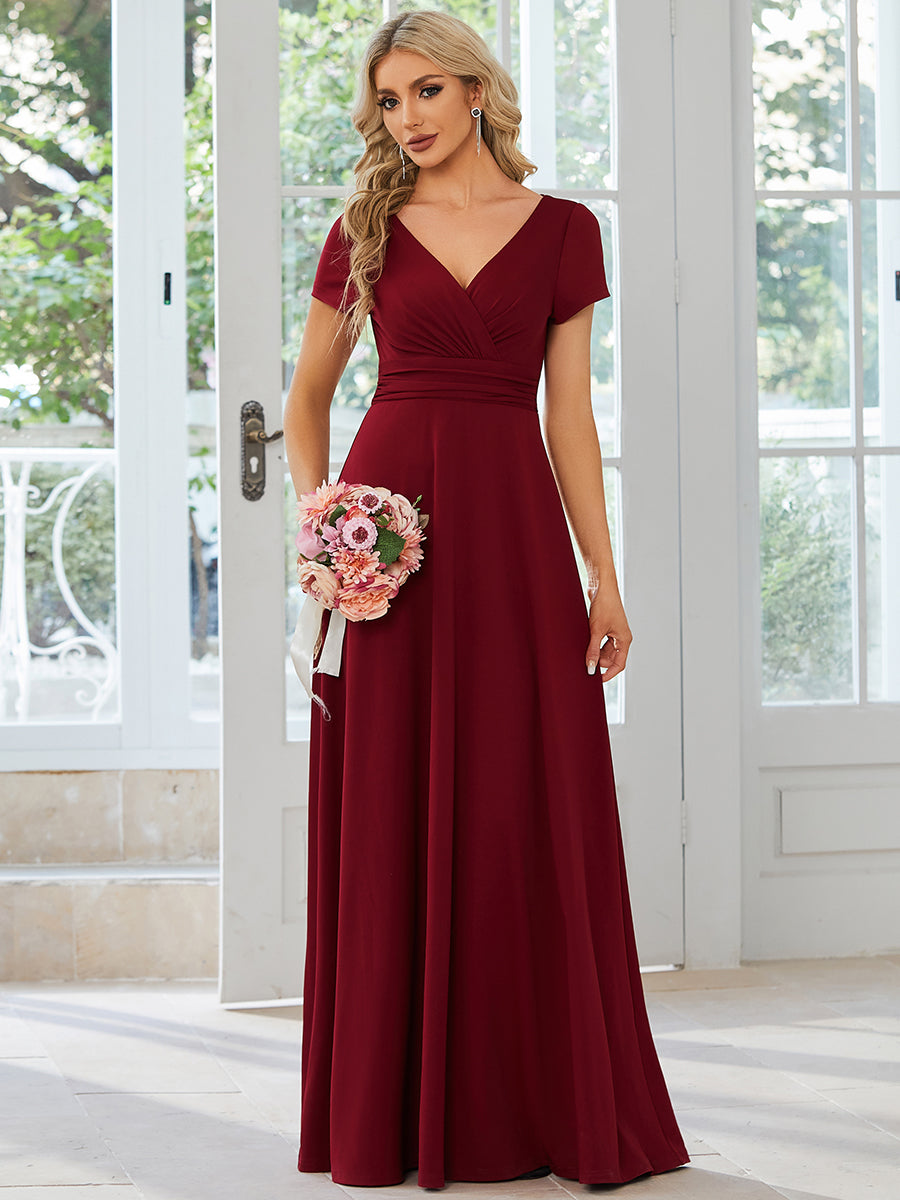 Color=Burgundy | V Neck A Line Ruched Wholesale Bridesmaid Dresses-Burgundy 4