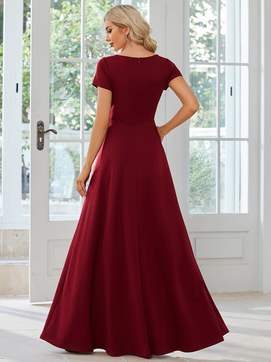 Color=Burgundy | V Neck A Line Ruched Wholesale Bridesmaid Dresses-Burgundy 2