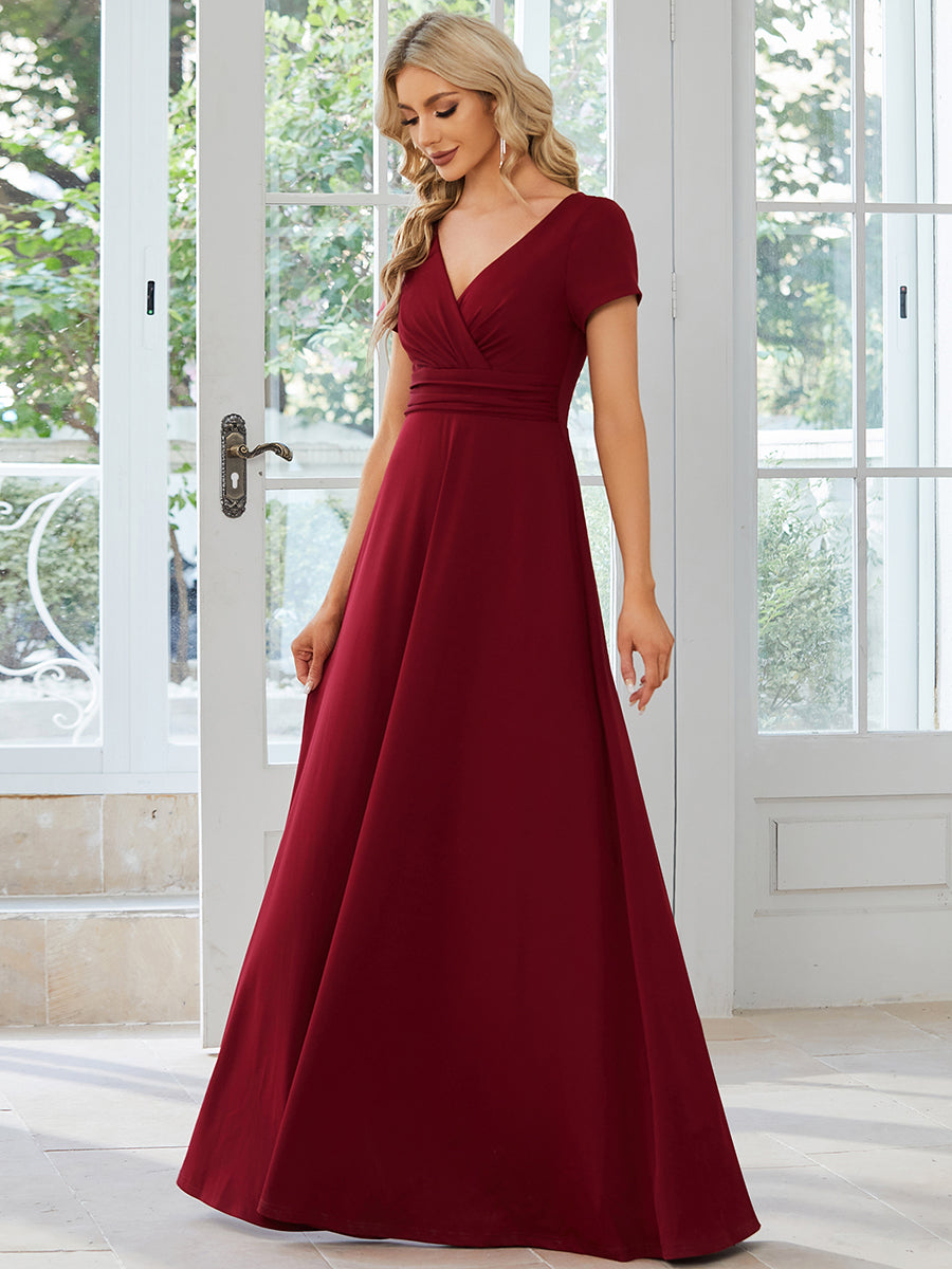 Color=Burgundy | V Neck A Line Ruched Wholesale Bridesmaid Dresses-Burgundy 1