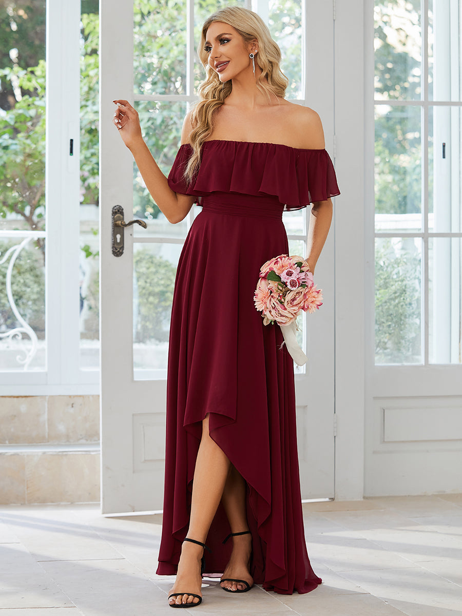 Color=Burgundy | Off Shoulder Chiffon Split Wholesale Bridesmaid Dresses-Burgundy 4