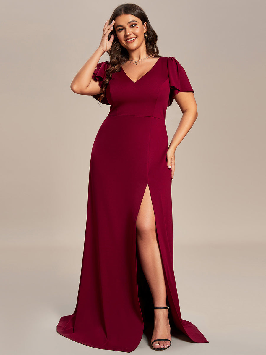 Color=Burgundy | Plus Side Split Lotus Leaf Wholesale Bridesmaid Dresses-Burgundy 1