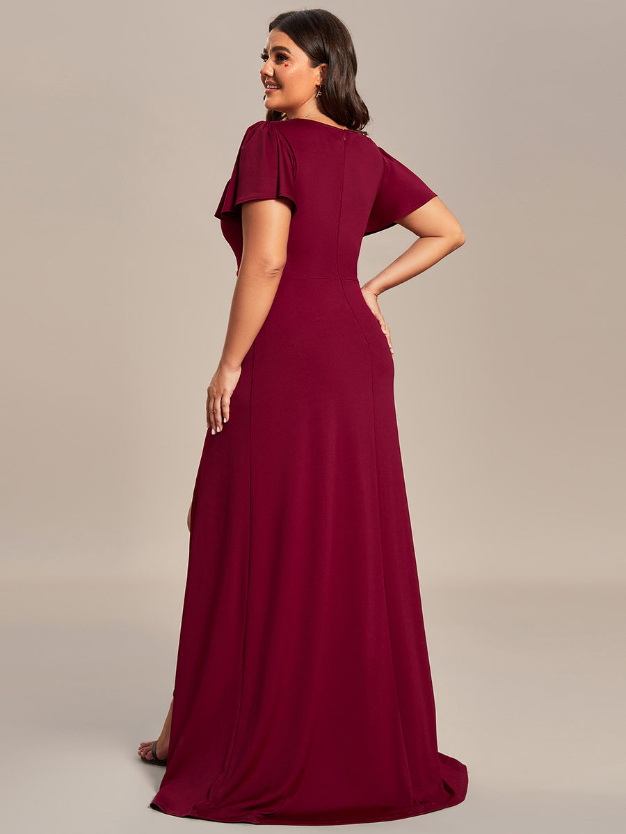 Color=Burgundy | Plus Side Split Lotus Leaf Wholesale Bridesmaid Dresses-Burgundy 2