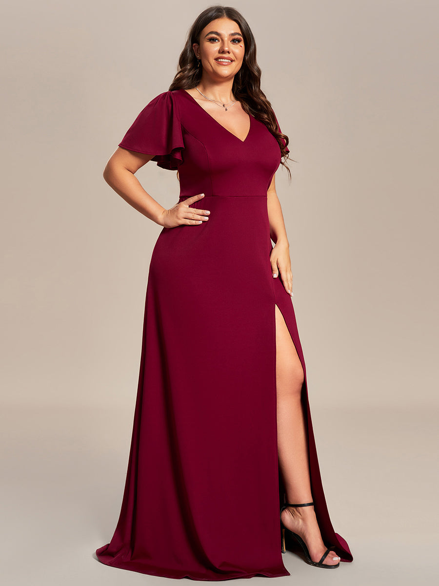 Color=Burgundy | Plus Side Split Lotus Leaf Wholesale Bridesmaid Dresses-Burgundy 3