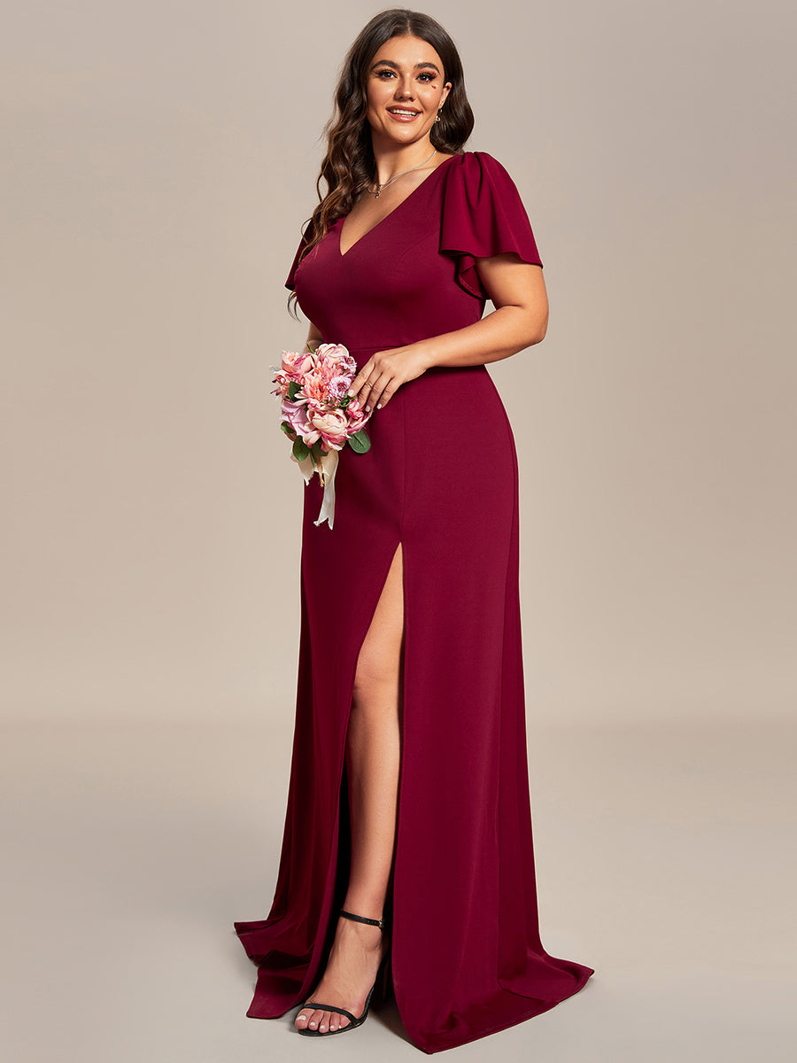 Color=Burgundy | Plus Side Split Lotus Leaf Wholesale Bridesmaid Dresses-Burgundy 4