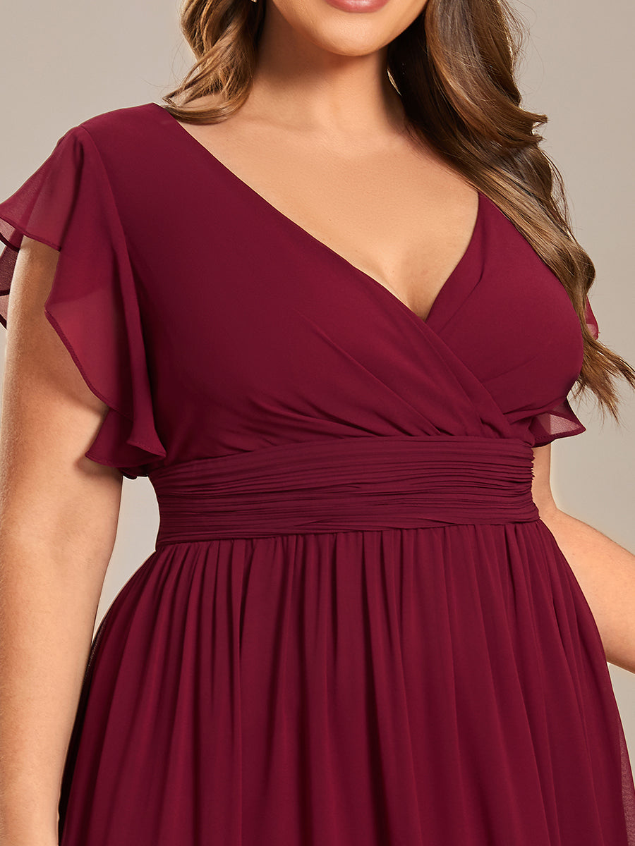 Color=Burgundy | V Neck Pleated Belted Ruffles Wholesale Bridesmaid Dresses-Burgundy 1