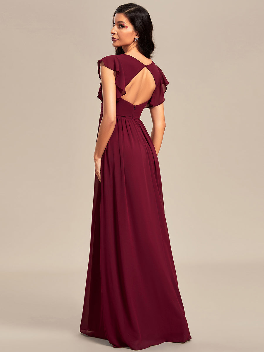 Color=Burgundy | V Neck Pleated Belted Ruffles Wholesale Bridesmaid Dresses-Burgundy 1