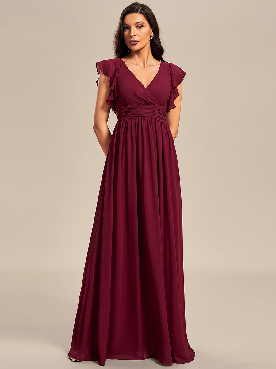 Color=Burgundy | V Neck Pleated Belted Ruffles Wholesale Bridesmaid Dresses-Burgundy 1