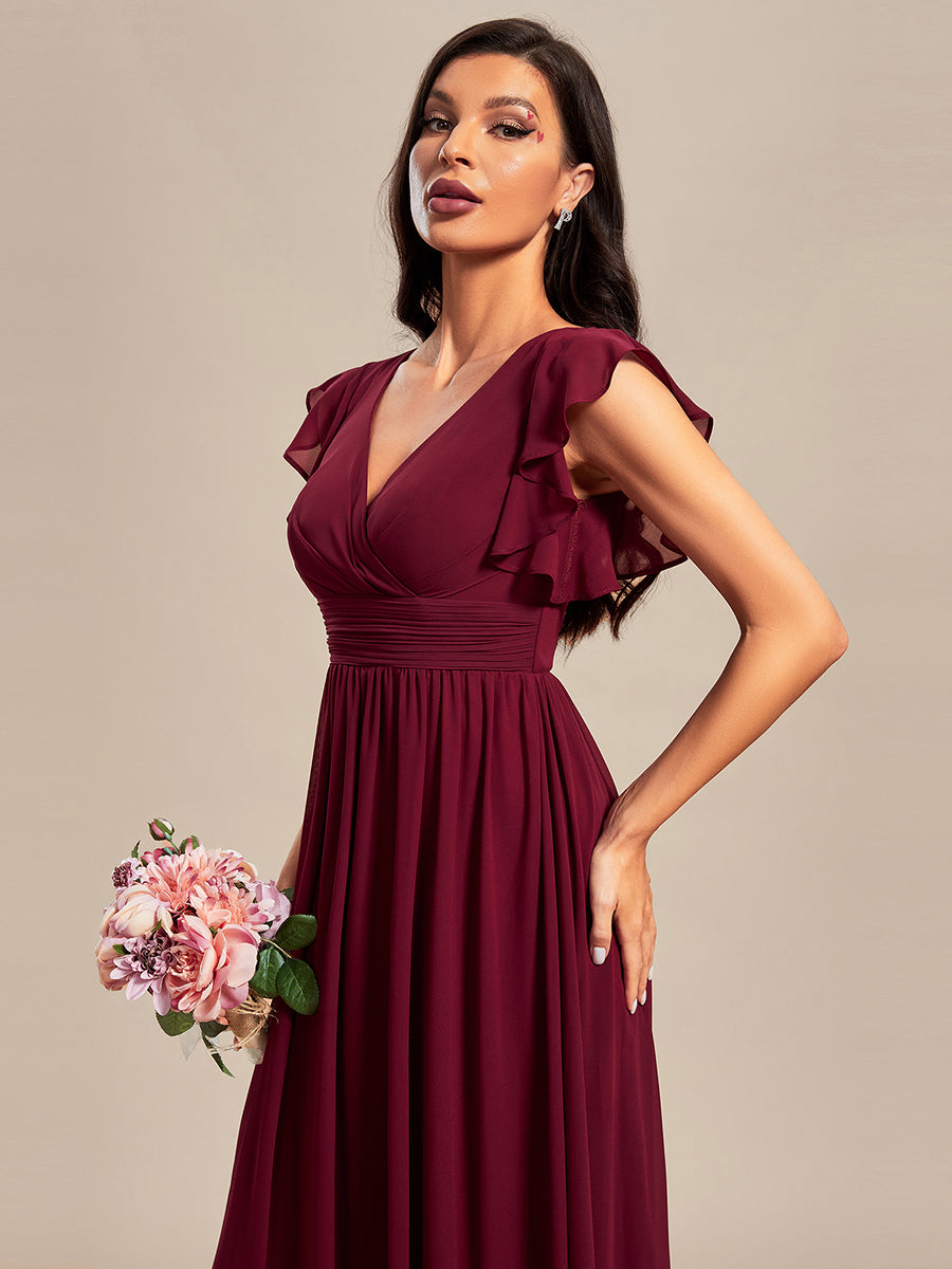 Color=Burgundy | V Neck Pleated Belted Ruffles Wholesale Bridesmaid Dresses-Burgundy 1