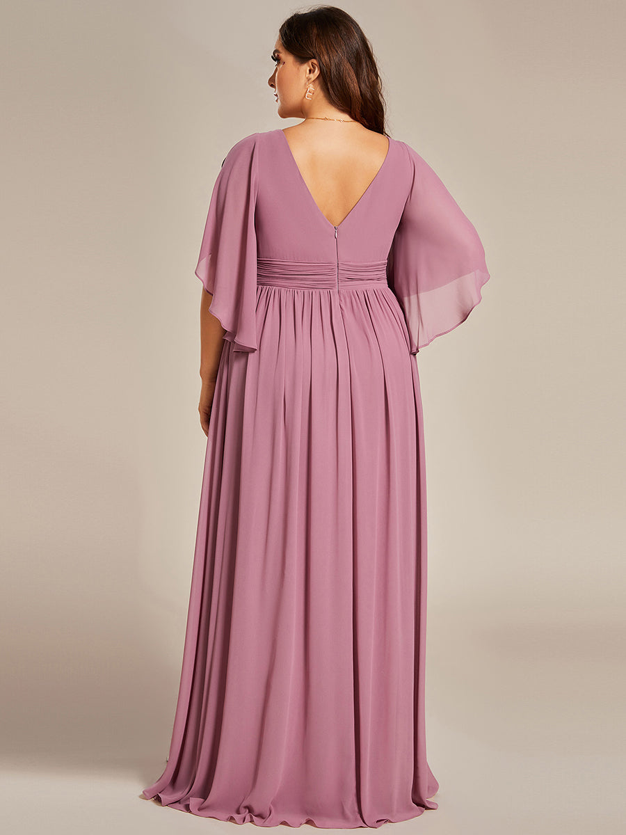 Color=Orchid | Plus V Neck Pleated Belt Wholesale Chiffon Bridesmaid Dresses-Orchid 2