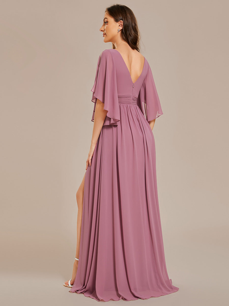 Color=Orchid | V Neck Pleated Belt Wholesale Chiffon Bridesmaid Dresses-Orchid 2