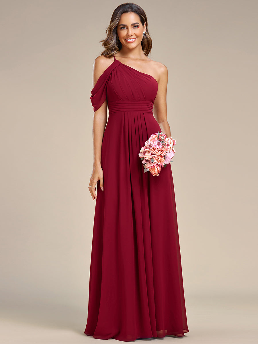 Color=Burgundy | One Shoulder Pleated Chiffon Wholesale Bridesmaid Dresses-Burgundy 3