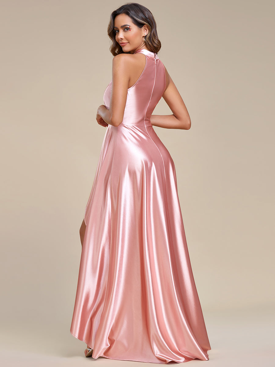 Color=Pink | High Low Halter Neck Stain Wholesale Bridesmaid Dresses-Pink 2