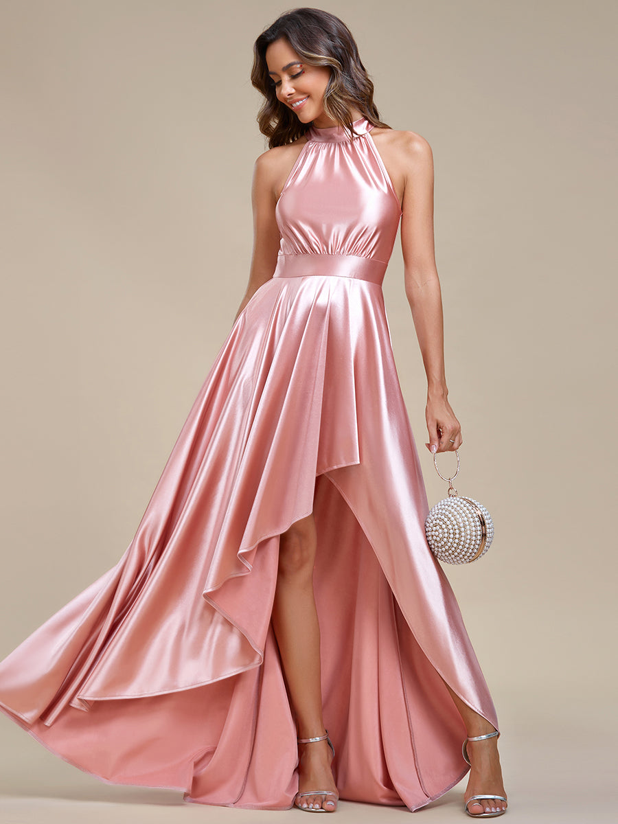 Color=Pink | High Low Halter Neck Stain Wholesale Bridesmaid Dresses-Pink 4