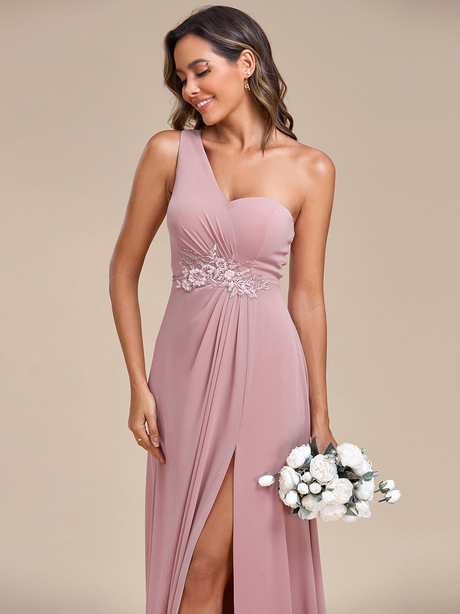 One Shoulder Pleated Split Appliques Wholesale Bridesmaid Dresses#Color_Dusty Rose