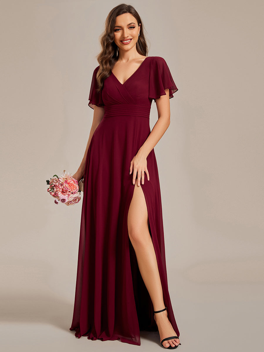 Hollow Embroidery Back Side Split Maxi Wholesale Bridesmaid Dresses#Color_Burgundy