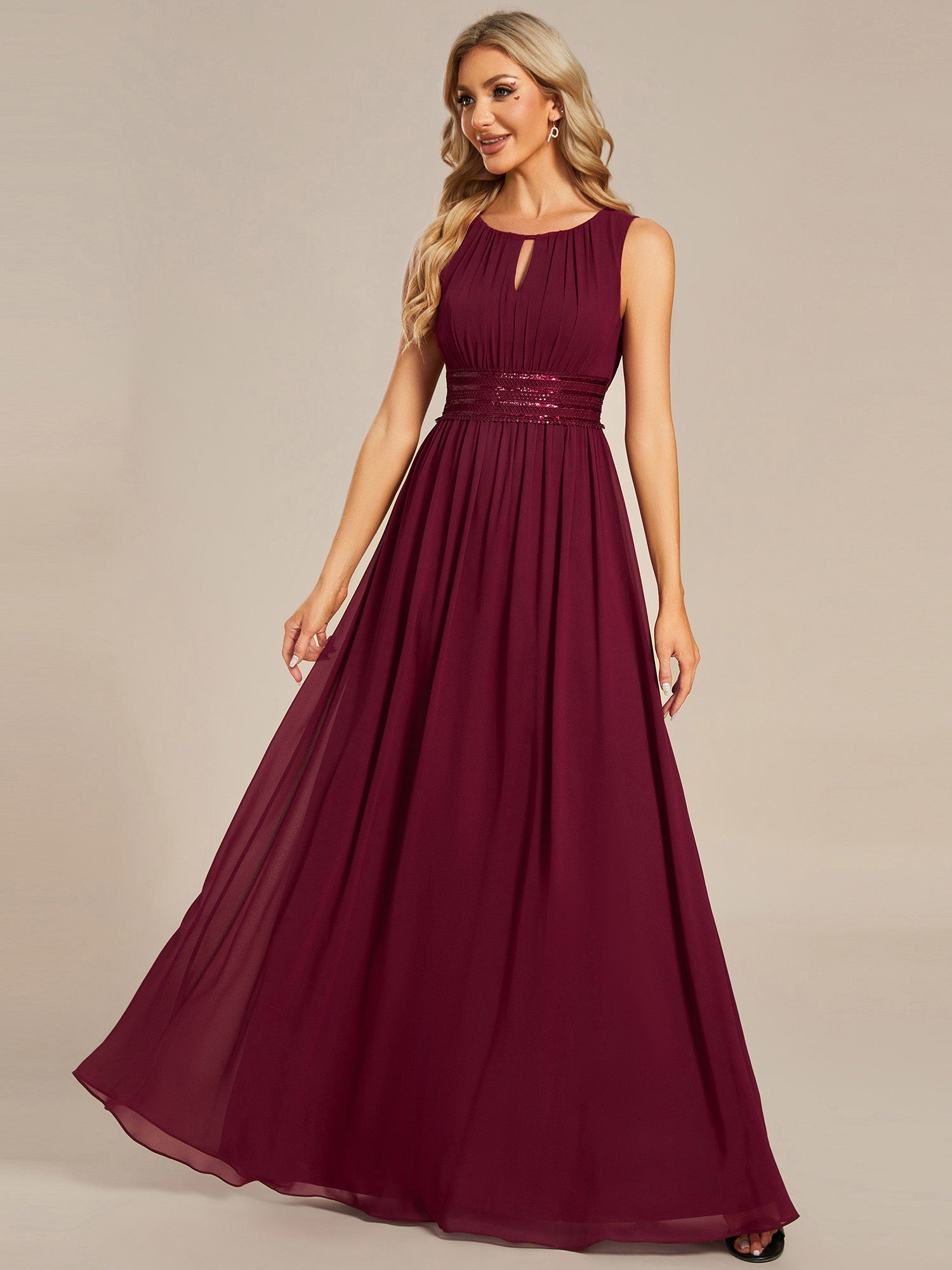 Color=Burgundy | Maxi Long Chiffon Hollow Round Neck Decor Bridesmaids Dress-Burgundy 5