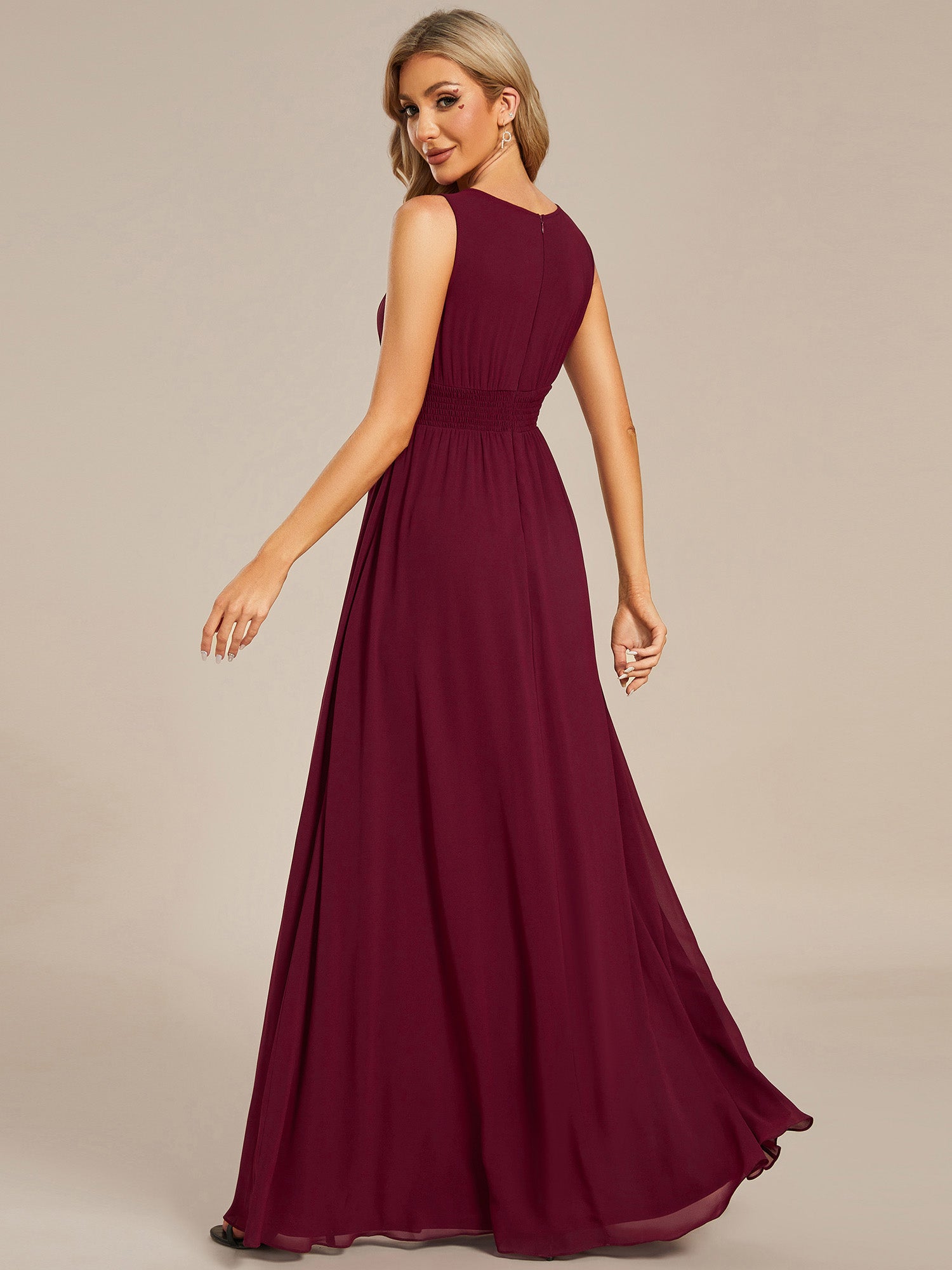 Color=Burgundy | Maxi Long Chiffon Hollow Round Neck Decor Bridesmaids Dress-Burgundy 4