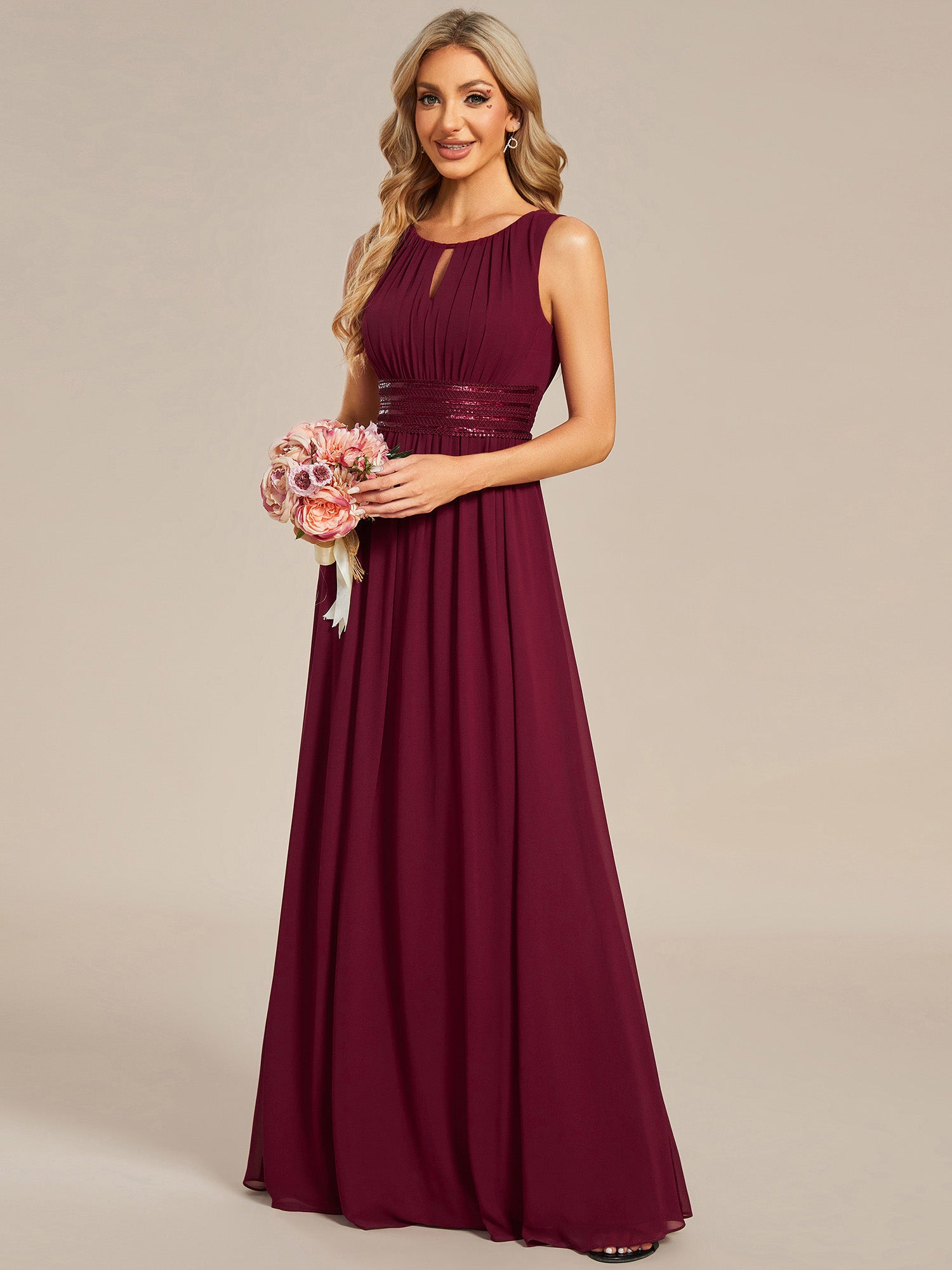 Color=Burgundy | Maxi Long Chiffon Hollow Round Neck Decor Bridesmaids Dress-Burgundy 1