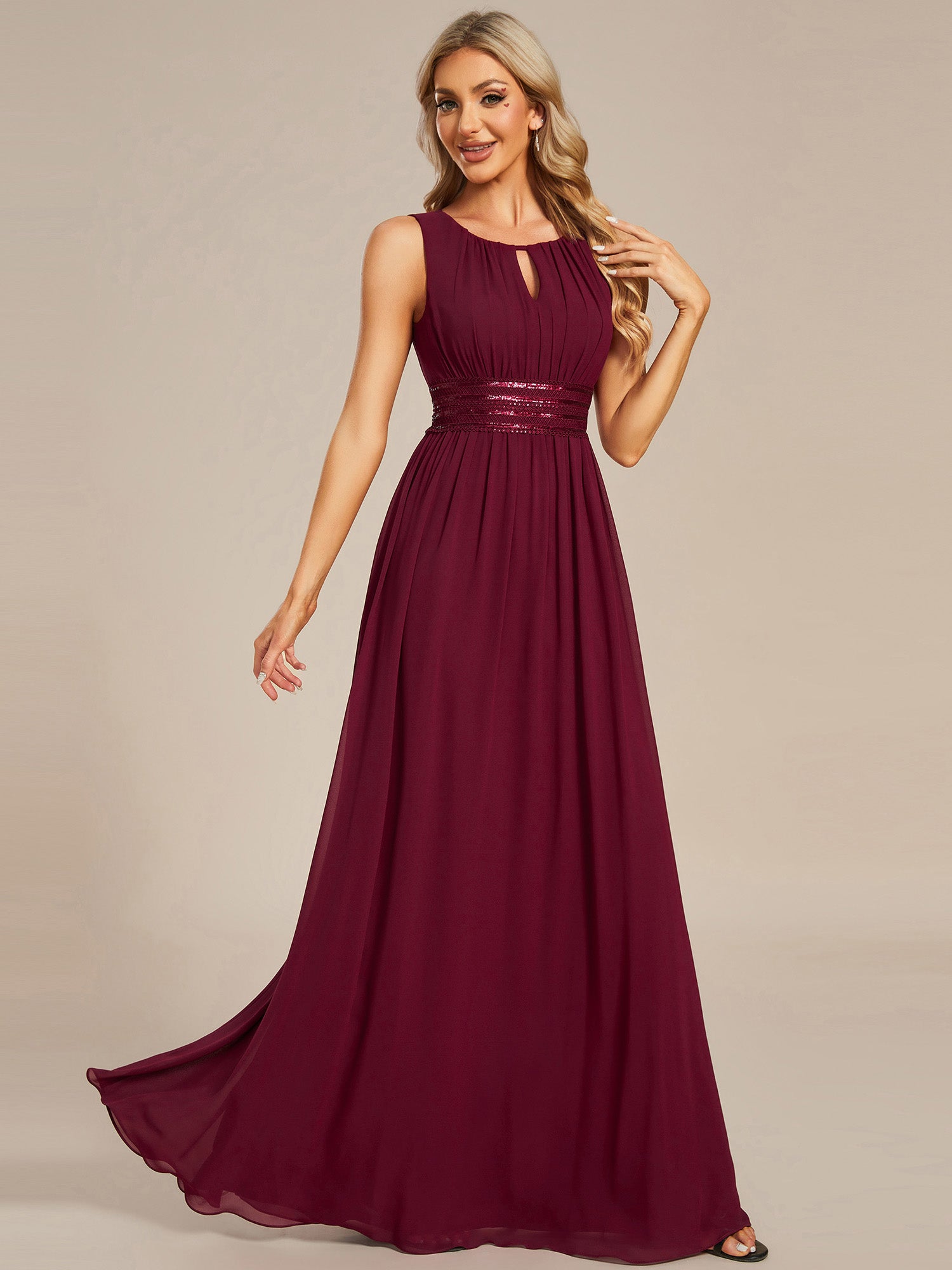 Color=Burgundy | Maxi Long Chiffon Hollow Round Neck Decor Bridesmaids Dress-Burgundy 3