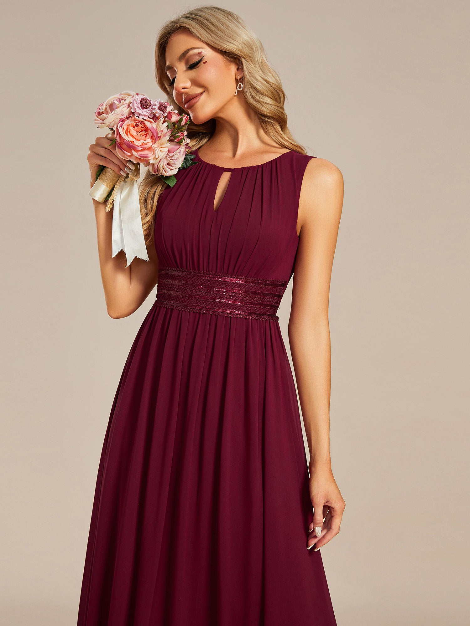 Color=Burgundy | Maxi Long Chiffon Hollow Round Neck Decor Bridesmaids Dress-Burgundy 2