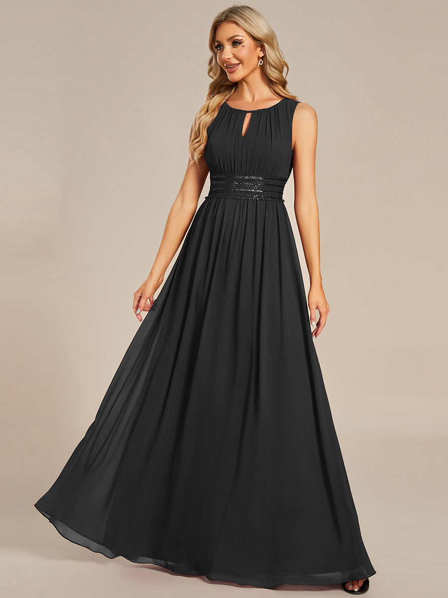 Color=Black | Maxi Long Chiffon Hollow Round Neck Decor Bridesmaids Dress-Black 6