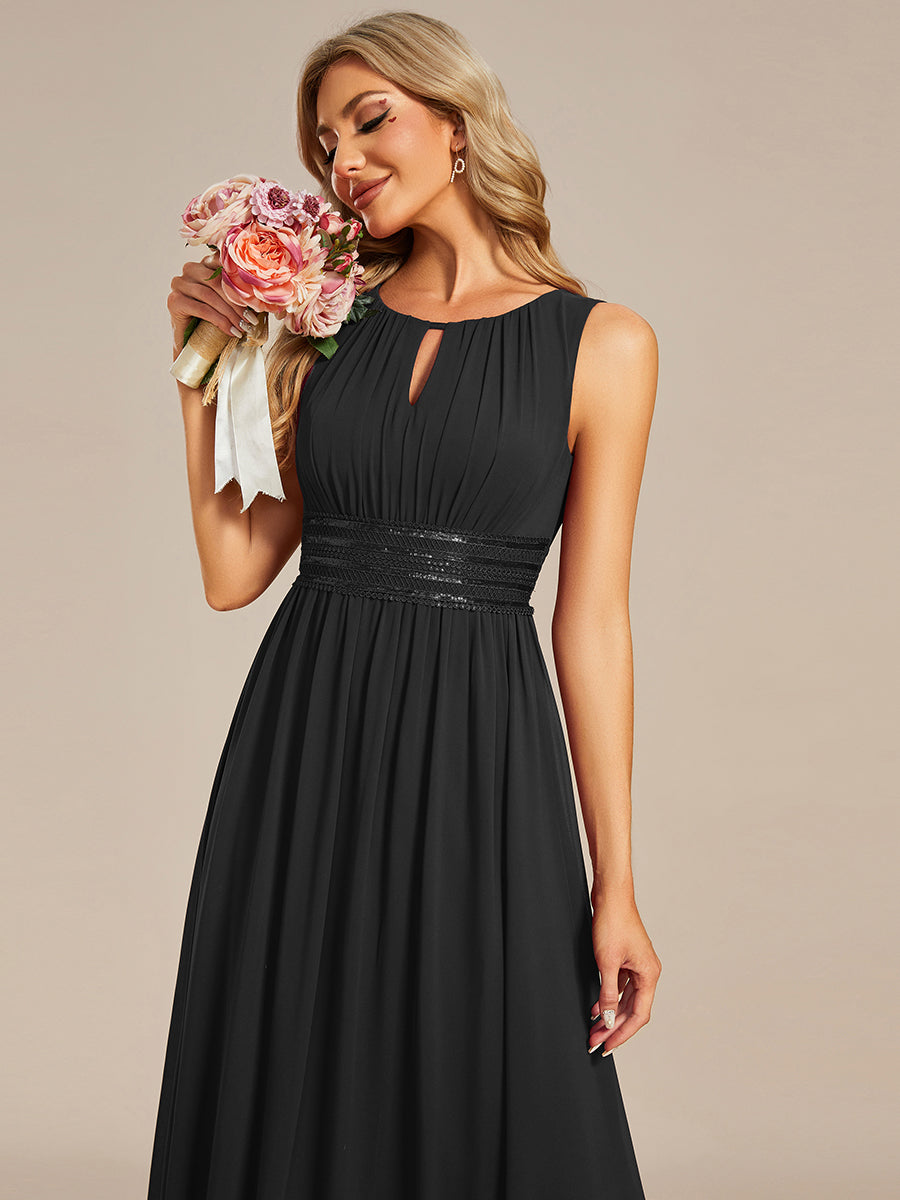 Color=Black | Maxi Long Chiffon Hollow Round Neck Decor Bridesmaids Dress-Black 9