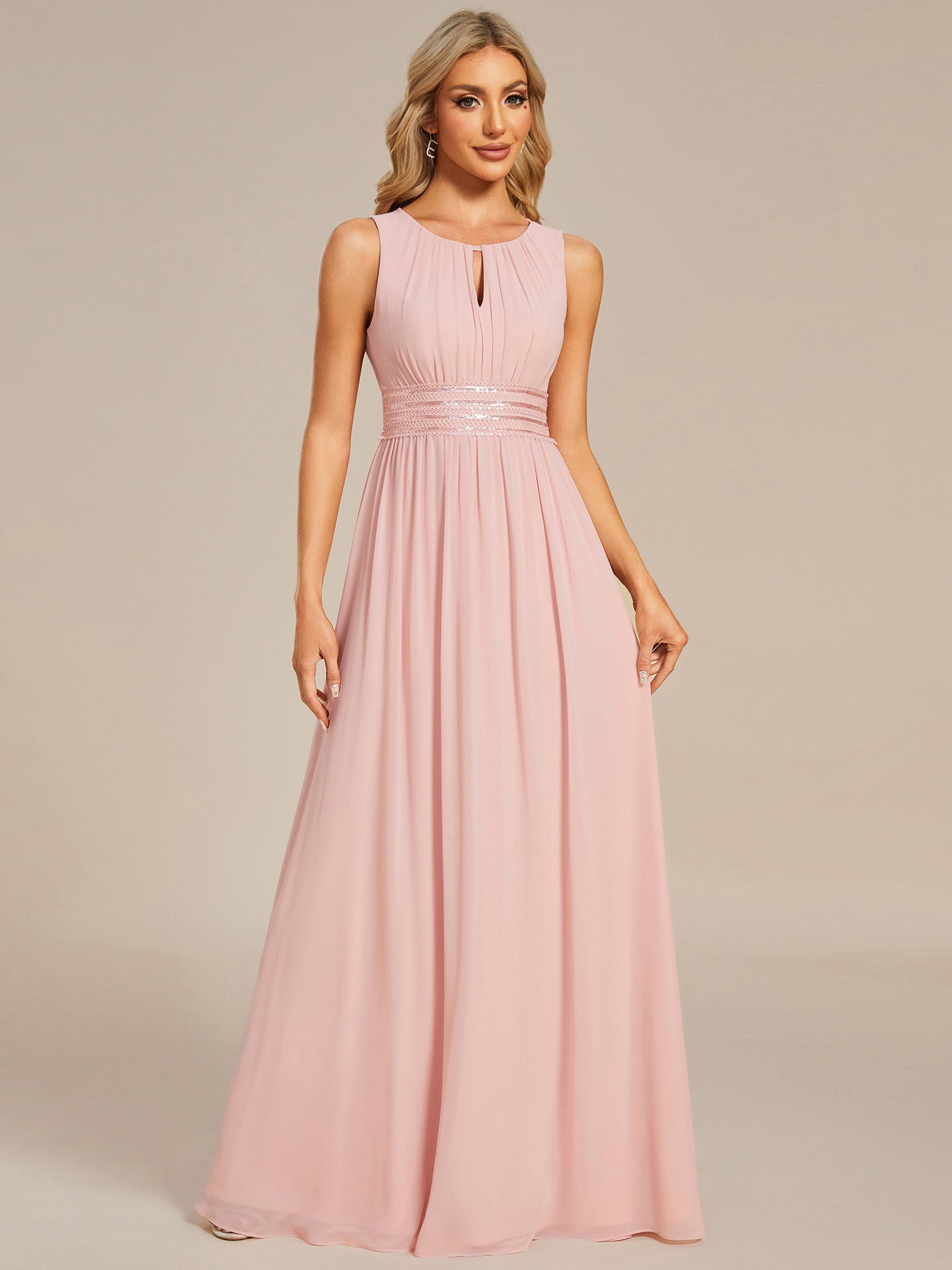 Color=Pink | Maxi Long Chiffon Hollow Round Neck Decor Bridesmaids Dress-Pink 14