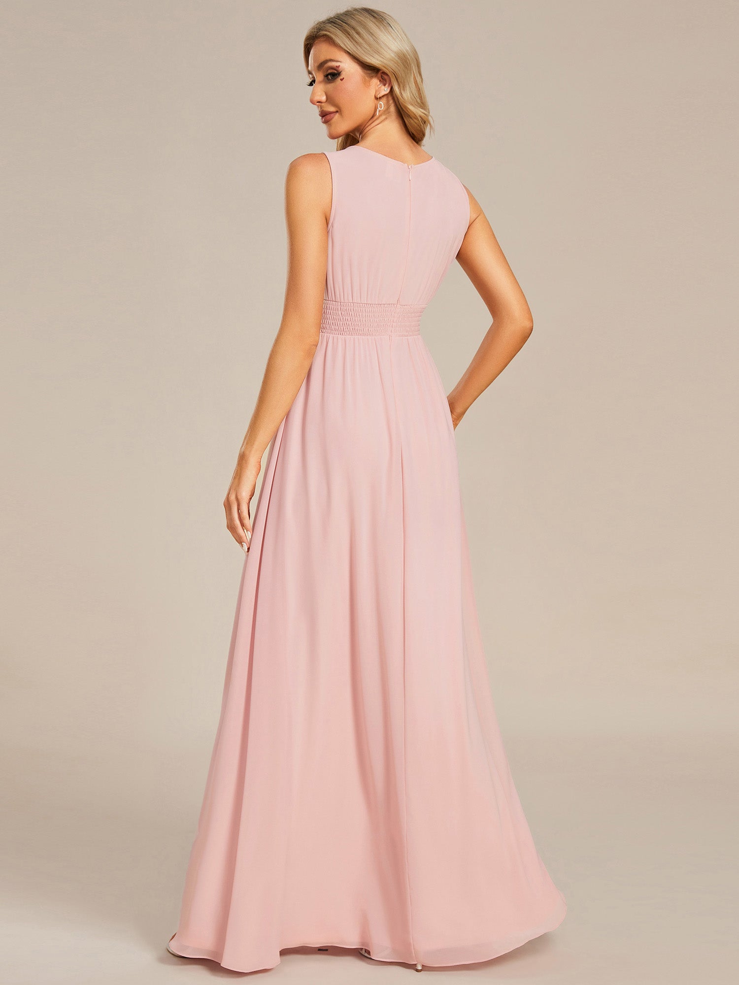 Color=Pink | Maxi Long Chiffon Hollow Round Neck Decor Bridesmaids Dress-Pink 12