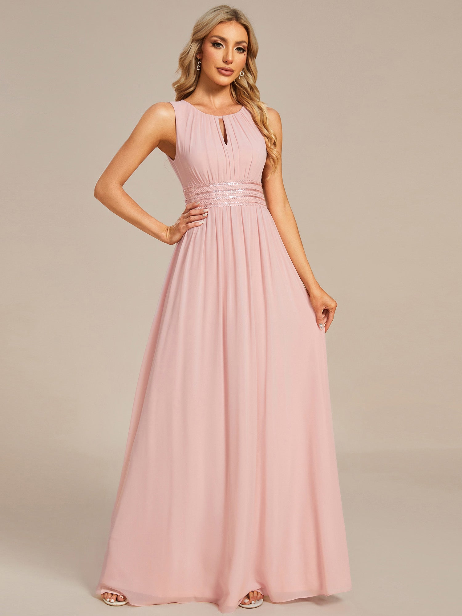 Color=Pink | Maxi Long Chiffon Hollow Round Neck Decor Bridesmaids Dress-Pink 15