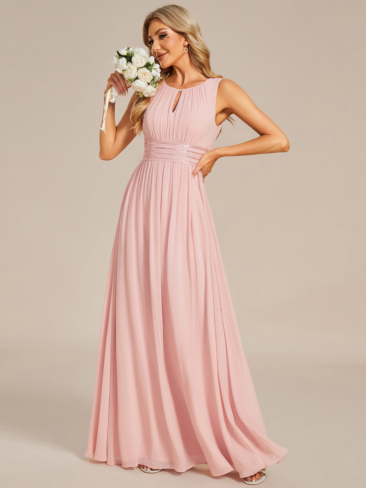 Color=Pink | Maxi Long Chiffon Hollow Round Neck Decor Bridesmaids Dress-Pink 11