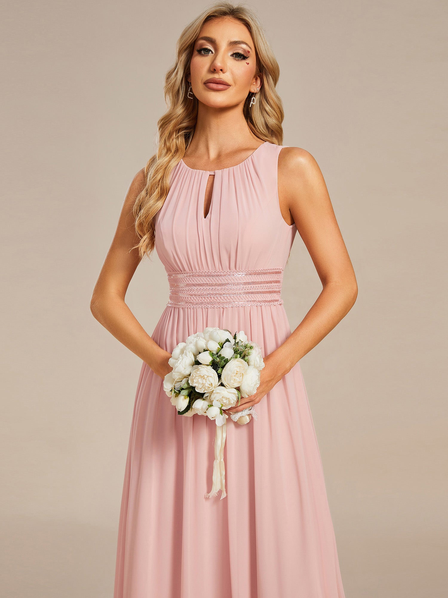 Color=Pink | Maxi Long Chiffon Hollow Round Neck Decor Bridesmaids Dress-Pink 13