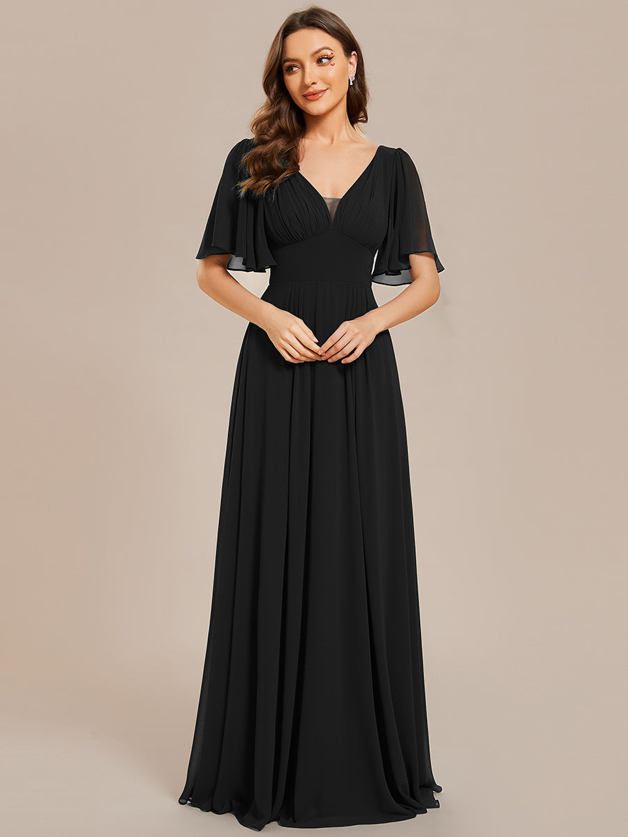 Color=Black | Chiffion Empire Waist Floor Length V Neck Wholesale Evening Dress with Short Sleeves-Black 4