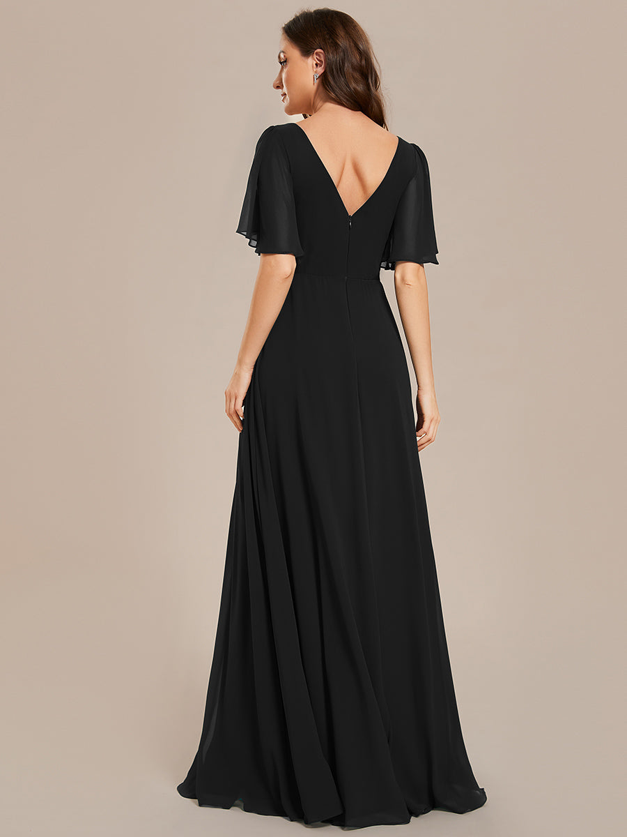 Color=Black | Chiffion Empire Waist Floor Length V Neck Wholesale Evening Dress with Short Sleeves-Black 5