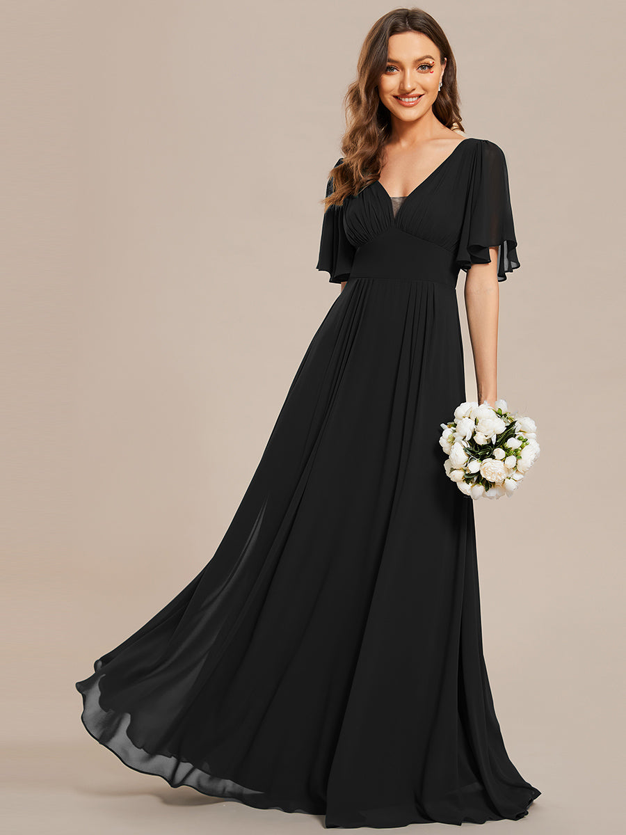 Color=Black | Chiffion Empire Waist Floor Length V Neck Wholesale Evening Dress with Short Sleeves-Black 1