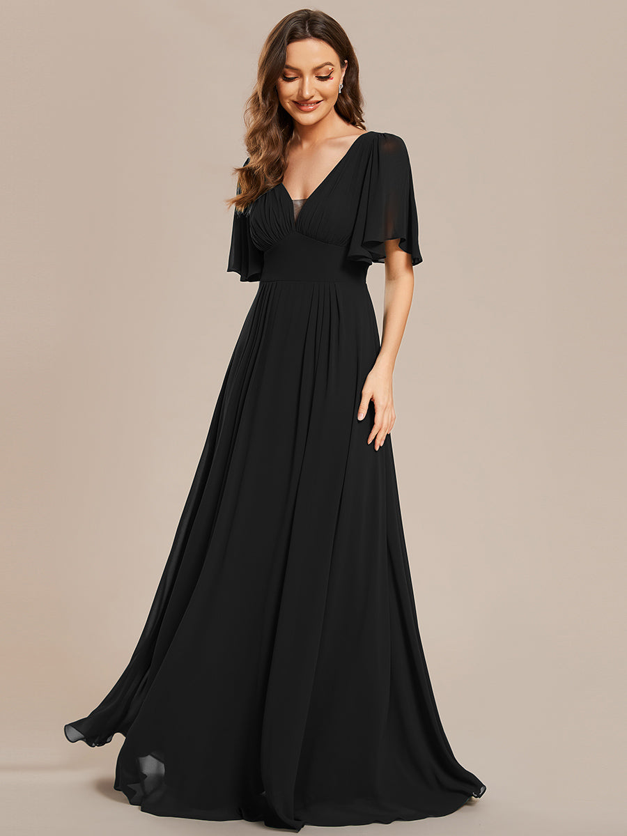 Color=Black | Chiffion Empire Waist Floor Length V Neck Wholesale Evening Dress with Short Sleeves-Black 2