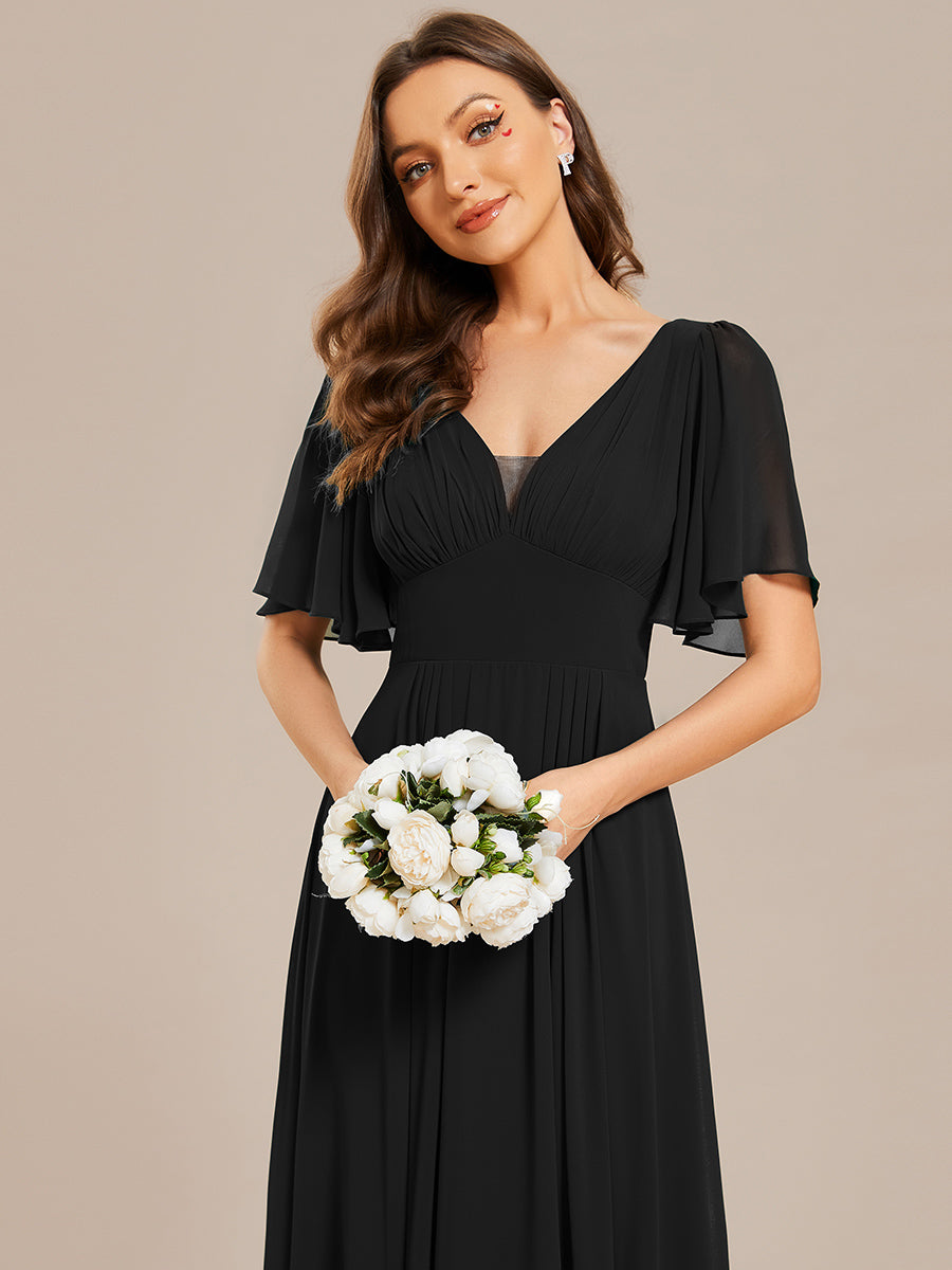 Color=Black | Chiffion Empire Waist Floor Length V Neck Wholesale Evening Dress with Short Sleeves-Black 3