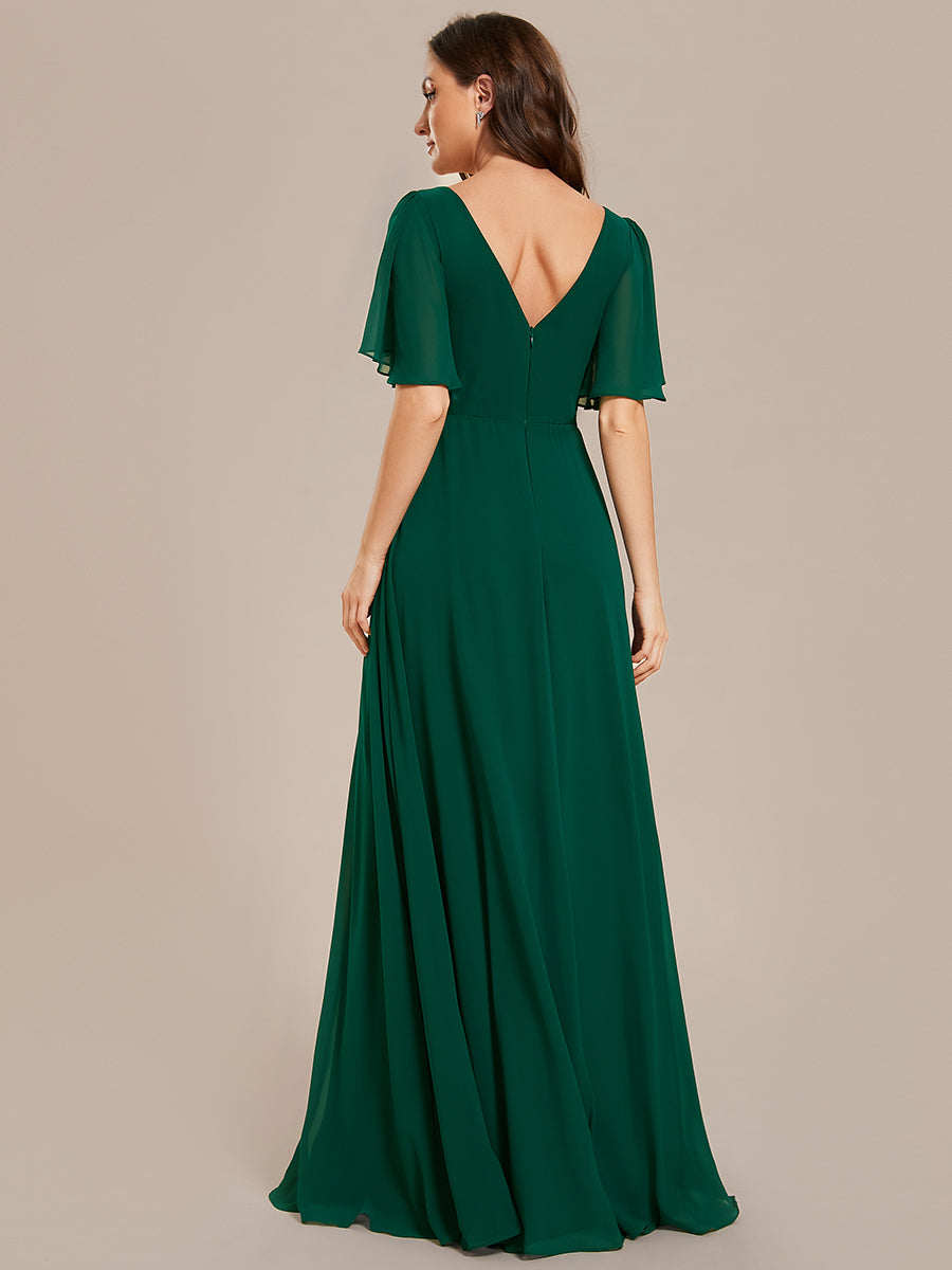 Color=Dark Green | Chiffion Empire Waist Floor Length V Neck Wholesale Evening Dress with Short Sleeves-Dark Green 