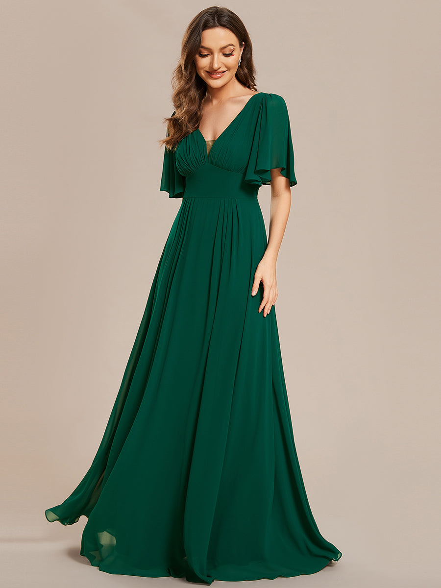 Color=Dark Green | Chiffion Empire Waist Floor Length V Neck Wholesale Evening Dress with Short Sleeves-Dark Green 