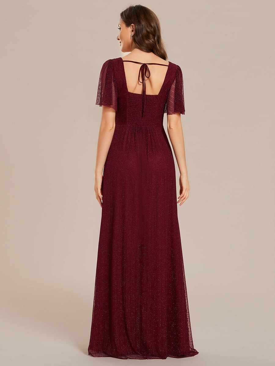 Color=Burgundy | Shiny Maxi Long V-Neck Wholesale Evening Dresses With Short Sleeve-Burgundy 2
